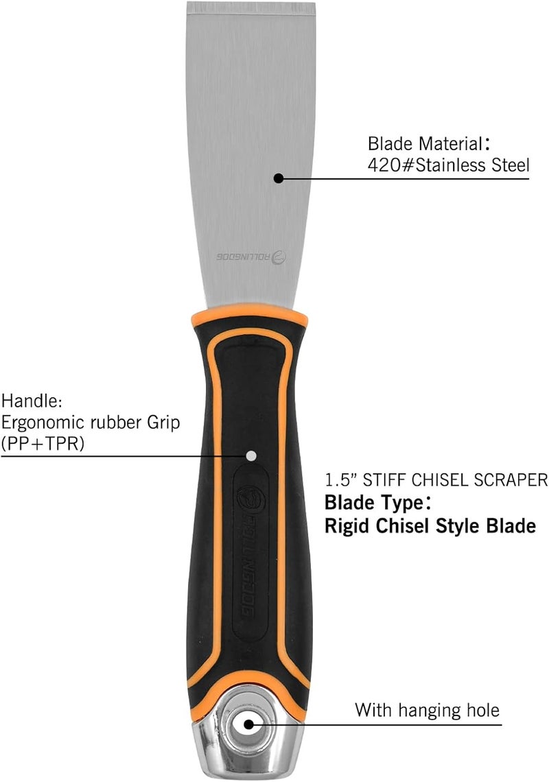 Rolling Dog 1.5 Inch Stiff Putty Knife - Stainless Steel Chisel Paint Scraper Tool for Wallpaper Stripping - Image 2